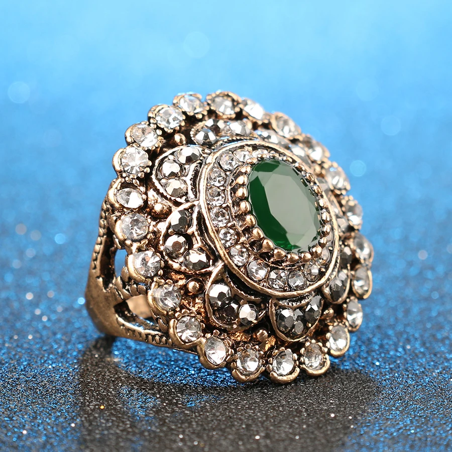 Fashion Vintage Look Ring Gold Color Big Round Crystal Flower Green Gem Antique Rings For Women 2018 New