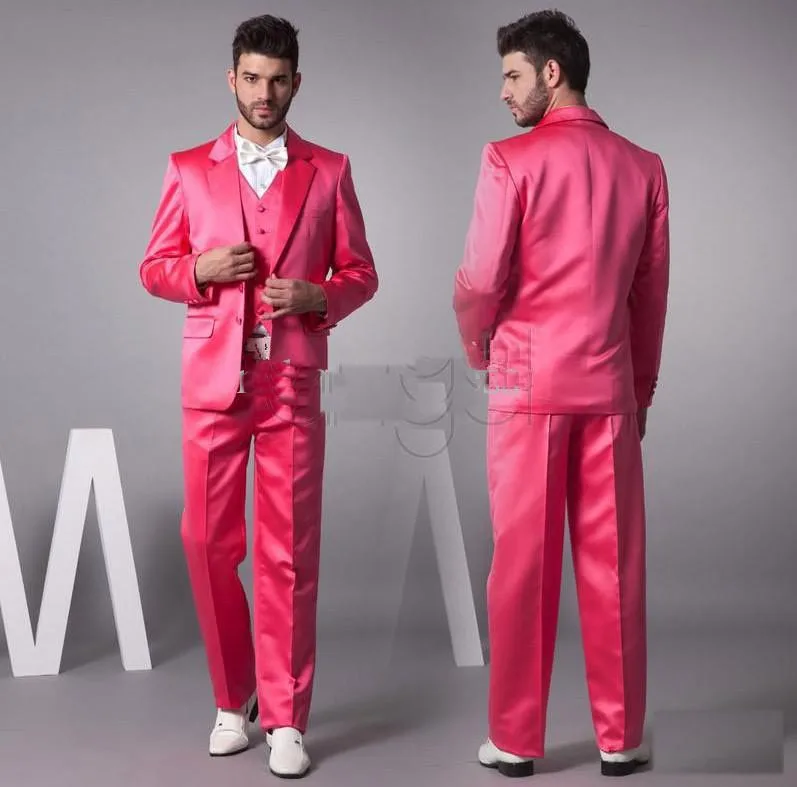 

Hot Pink New Groom Tuxedos Satin Material Groomsmen Men Wedding Suits(Jacket+Pants+Tie+Vest)H231wedding men clothes