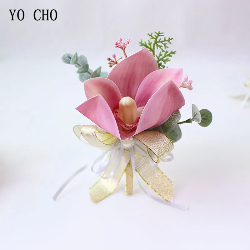 YO CHO Groom Men Boutonniere White Magnolia Brooch Plant Corsage and Diamond Pearl Bride Wrist Flowers Wedding Decor Silk Flower