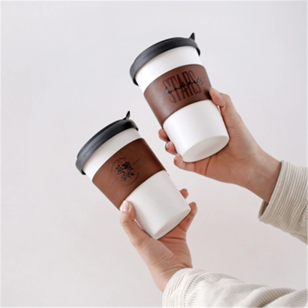 

Black White Ceramics Mugs Hand Cup Straw Lid PU Leather Anti-Scalding Mug Tea Milk Cups Home Office School Creative Gift 350ML