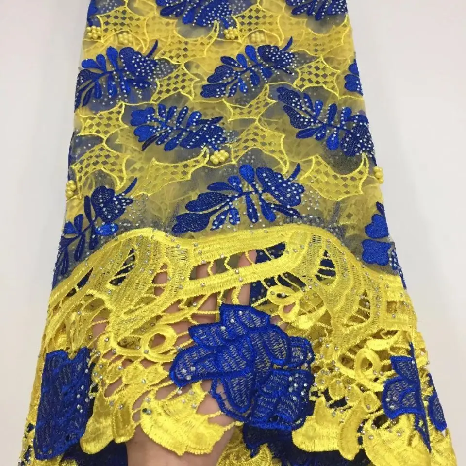 

5Yards/pc Beautiful yellow and blue french net lace embroidery with rhinestone african guipure lace fabric for dress CF22-1