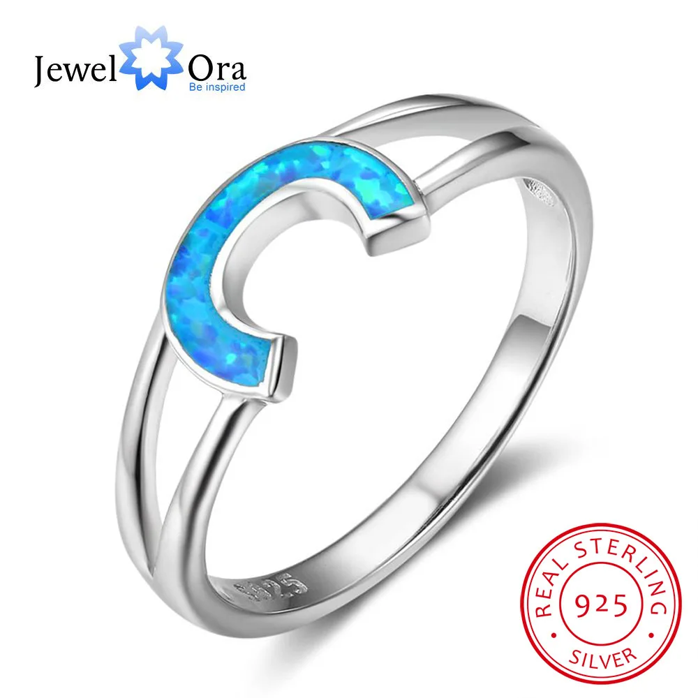 Female Letter C Design Blue Opal Stone Ring Women Authentic 925 Sterling Silver Trendy Jewelry Gift For Mom (JewelOra RI102840)