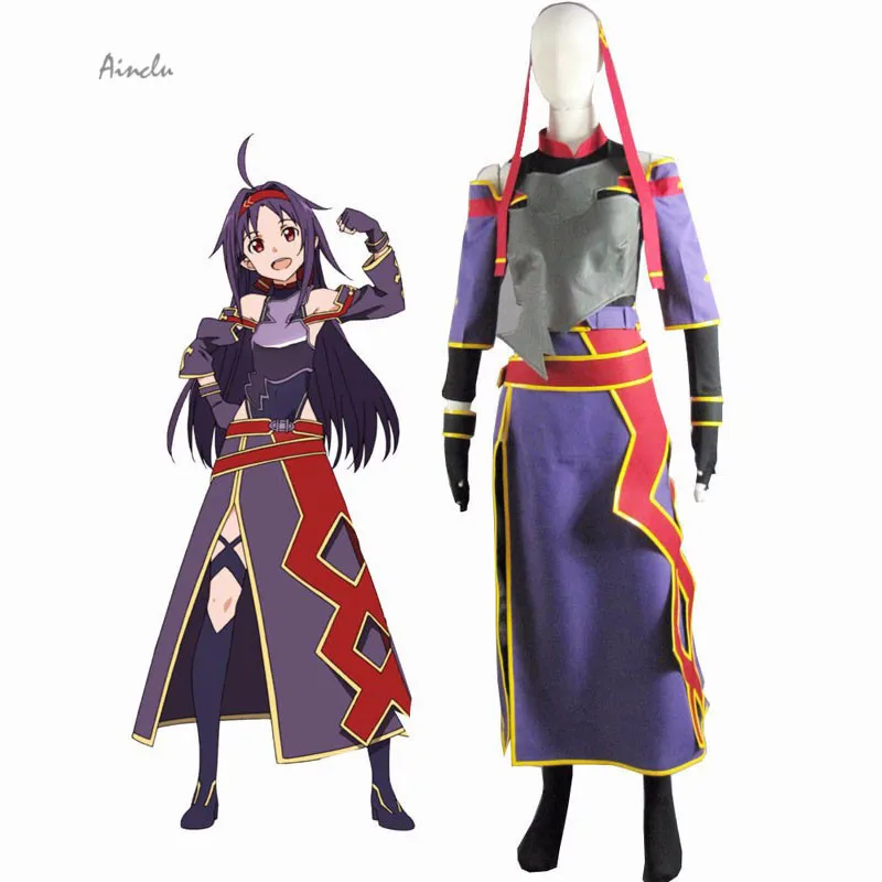 

Ainclu Costume Sword Art Online Purple Yuki Konno Cosplay Costume Coat Breastplate Skirt Belt Headband Gloves Stockings