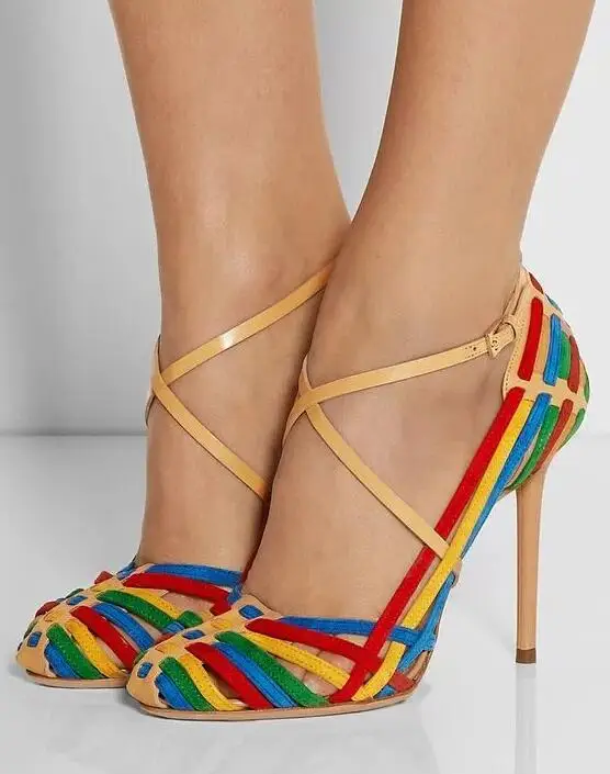 Summer Fashion Rainbow Braided Straps Women Pointy Toe Sandals Unique High Heels Ladies Sexy Colorful Dress Shoes Party Stiletto