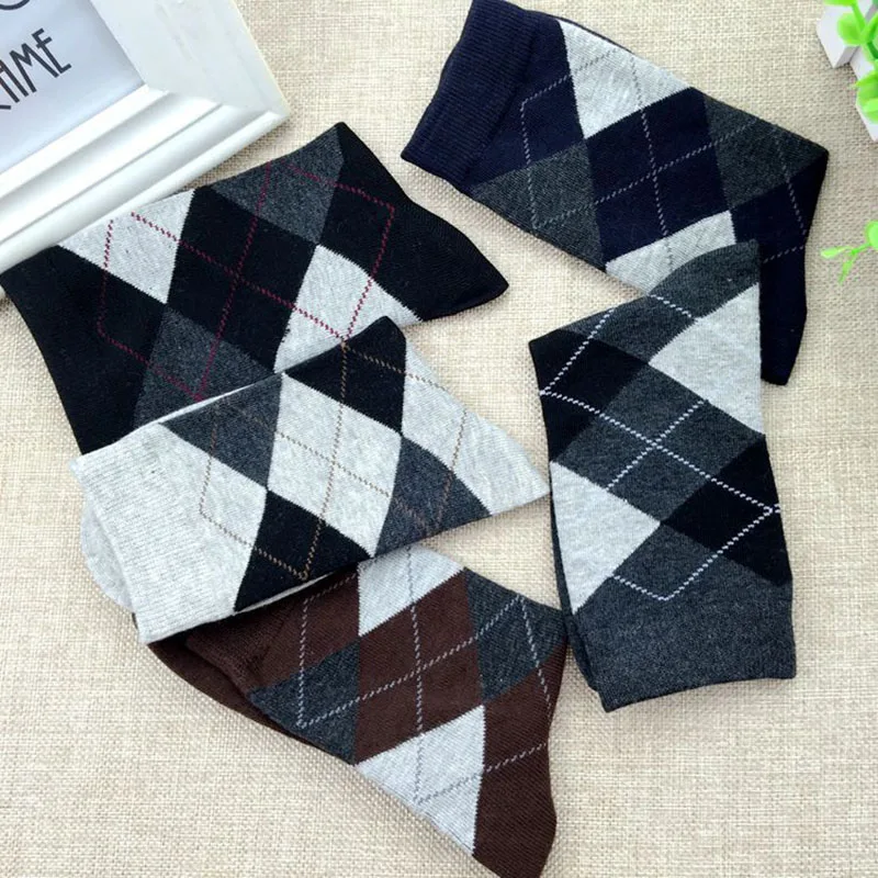 5 Pairs Autumn Winter High Quality Men Business Cotton Socks For Man Diamond Plaid Long Socks Male Crew Sock Meias Calcetines