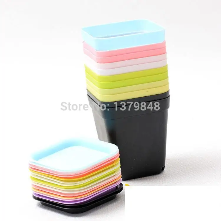 

50 pcs/lot Gardening Mini Plastic Flower Pots Vase Square Flower Bonsai Planter Nursery Pots (50 flowerpots + 50Trays) 7cm*8cm