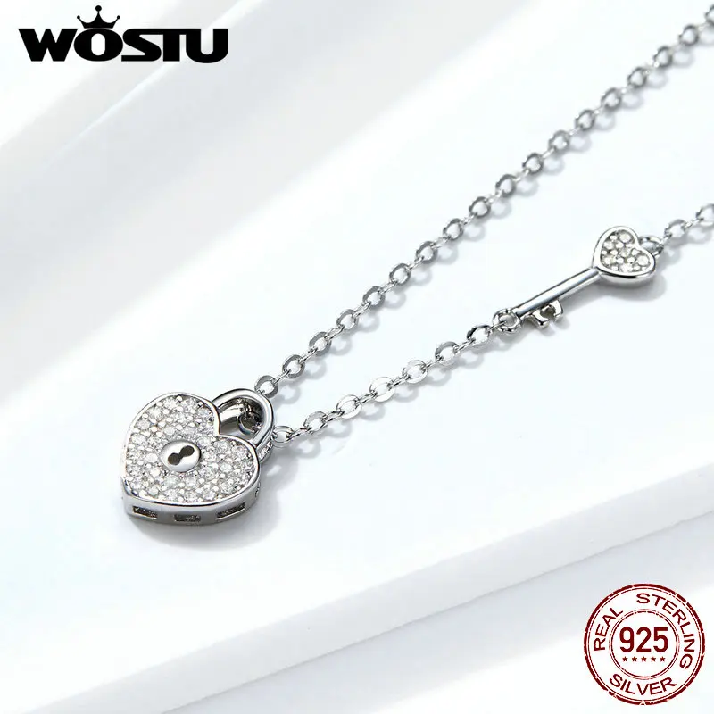 WOSTU Herz Highlights Halsketten 925 Sterling Silber Schloss Herz Baumeln Anhänger Klar CZ Kette Für Frauen Dazzling Schmuck FIN315