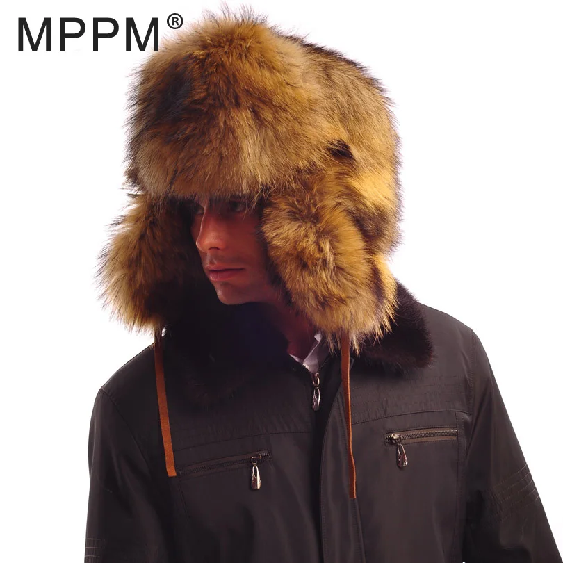 MPPM Real Raccoon Fur hat Bomber Hats Raccoon Fur Hats Women Men Warm Genuine Fur Female Brown Natural Fur Unisex Russian Bomber