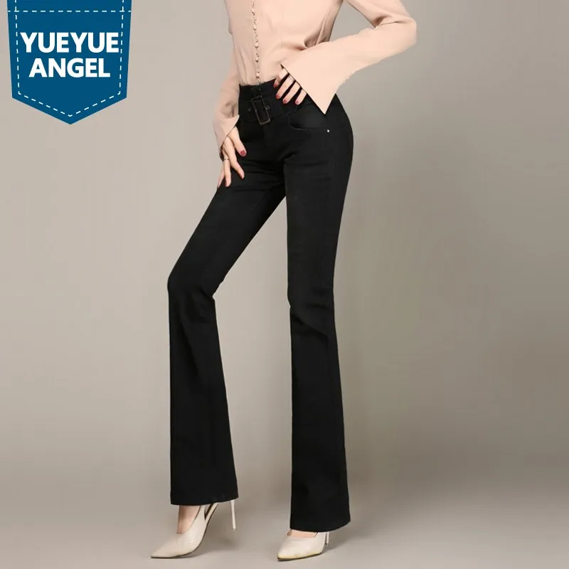 New Arrival Personality Buckle Design Womens Jeans High Waist Denim Wide Leg Pants Autumn Comfort Stretch Female Trousers