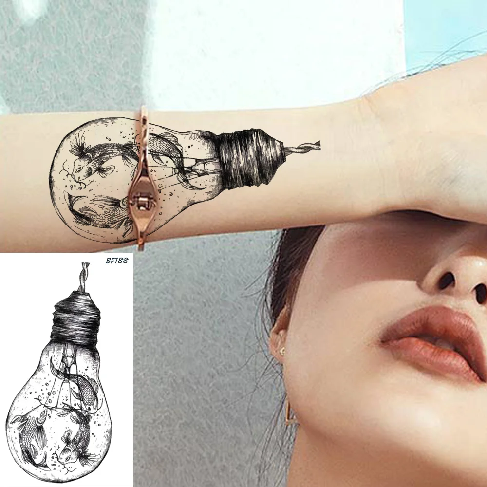 Faux tatouages créatifs imperméables pour hommes et femmes, autocollants de bras pour enfants, tatouage temporaire, poisson rouge, carpe, poisson-chat, ampoule noire