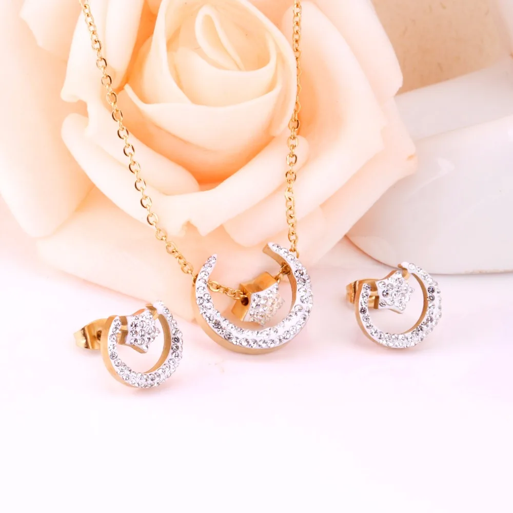 LUXUKISSKIDS Trendy Fashion Women Wedding Jewelry Moon Shape Cubic Zircon Bridal Necklace Earrings Jewelry Sets