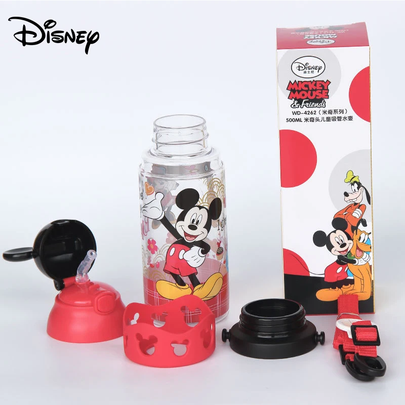Disney children press the cup handle baby with straw leak-proof plastic cup flip student resistance to falling kettle