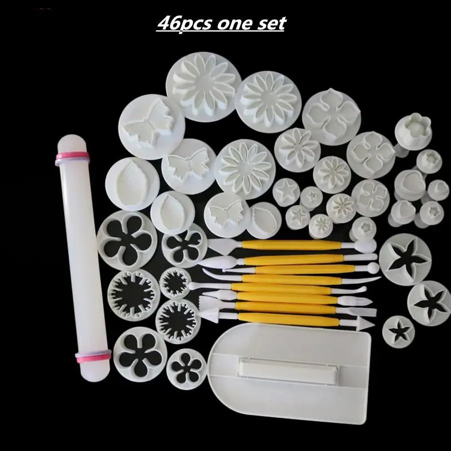 46pcs Fondant Cake Decorating Tools Sugarcraft Plunger Cutter Cookie Biscuit Plum Blossom Sugar Tools Kitchen DIY Baking Mold