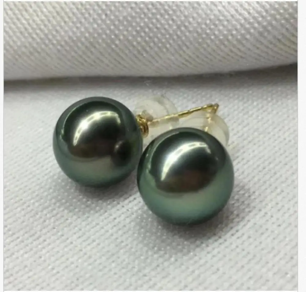 

charming pair of 9-10mm tahitian black green pearl stud earring 18k