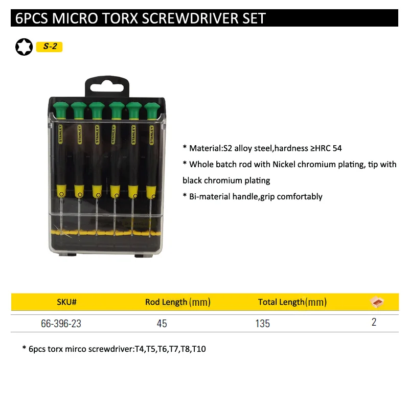 Stanley 6 pcs precision mini torx screwdriver set star small screwdrivers kit T4 T5 T6 T7 T8 T10 without hole repair tool kits