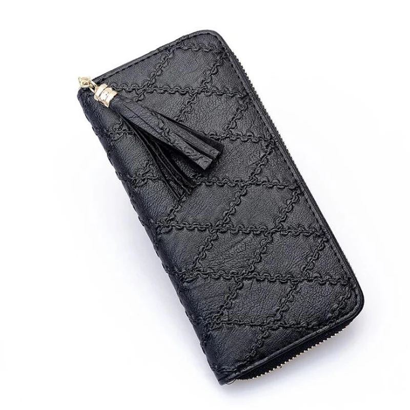 

High Quality Women Wallet Plaid PU Leather Money Bag Tassel Zipper Card Holder Coin Purse Long Style Clutch Wallets Carteras