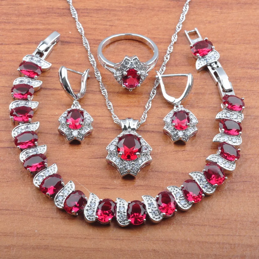 

Top Hot Rose Red Zirconia Crystal 925 Silver Jewelry Set For Women Earrings Necklace Pendant Rings Bracelet Set JS0485