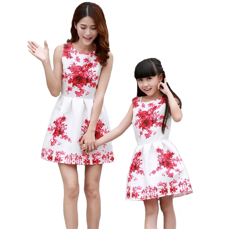 Mother Daughter Dresses Matching Teenage Girl Dress Retro Print Mommy and Me Clothes Sleeveless Dresses Family Matching Outfits