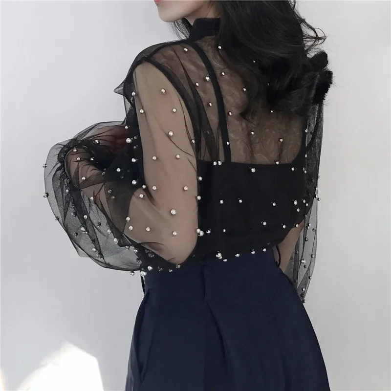 Hai Mảnh Phụ Nữ Lưới Áo Rắn Casual Tie Bow Ren sơ mi Nữ Beading Dài Tay Áo Cánh Đáy Áo + Tank Tops AB799