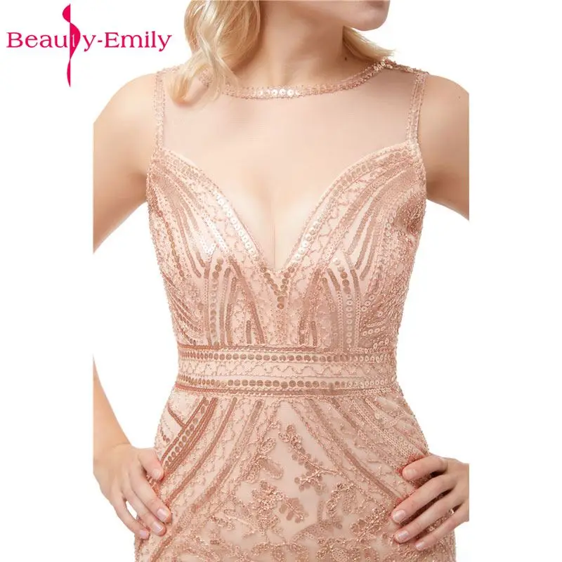 Beauty-Emily Sequins Golden Beading Evening Dresses Mermaid Long Formal Prom Party Dresses 2019 New Style