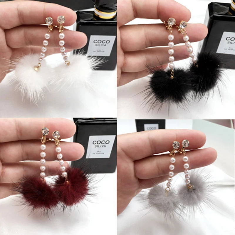 GRACE JUN Clip on Earrings No Pierced for Women Fashion Bridal Wedding Top Quality Rabbit Mink Fur Ball Cuff Earrings No Allergy