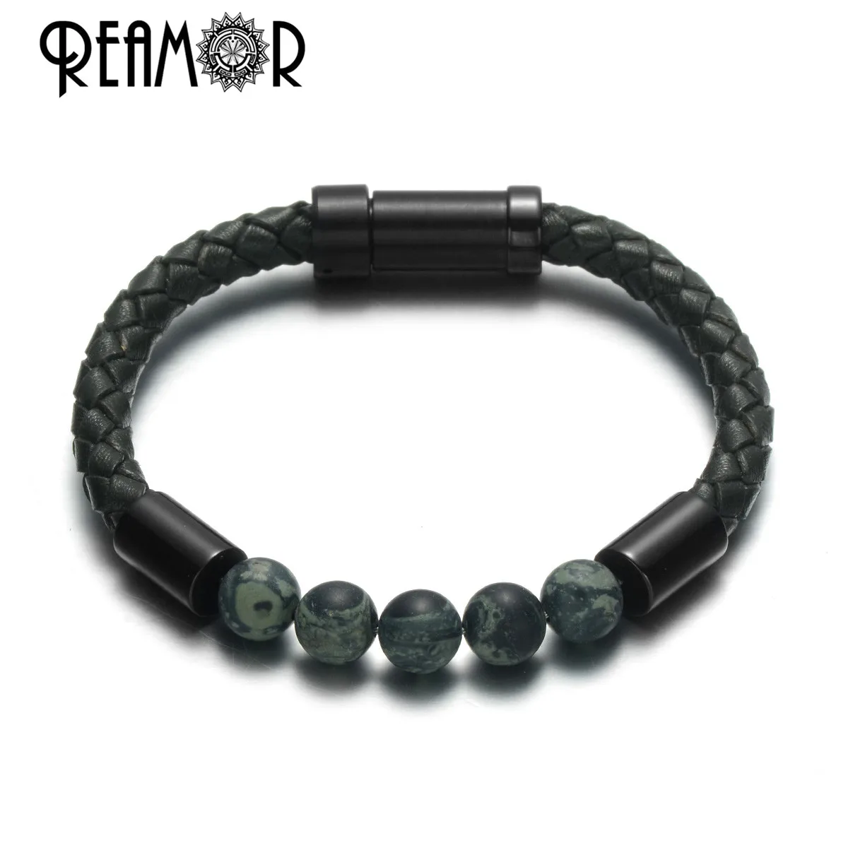 REAMOR Forest Green Natural Stone Texture Bracelets Men Retro Genuine Braided Leather Stainless steel Embedded Clasp Bangles