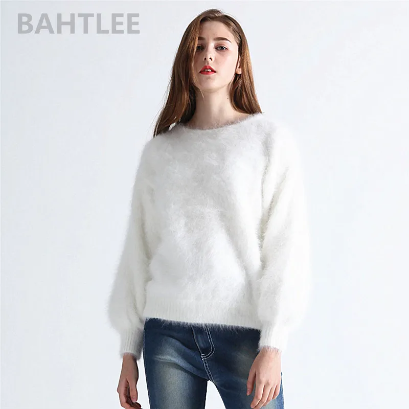 BAHTLEE-Women\'s Angora Rabbit Knitted Pullovers, Sweater, Lantern Sleeve, Wool, Thick, Keep Warm, O-NECK, Autumn, Winter