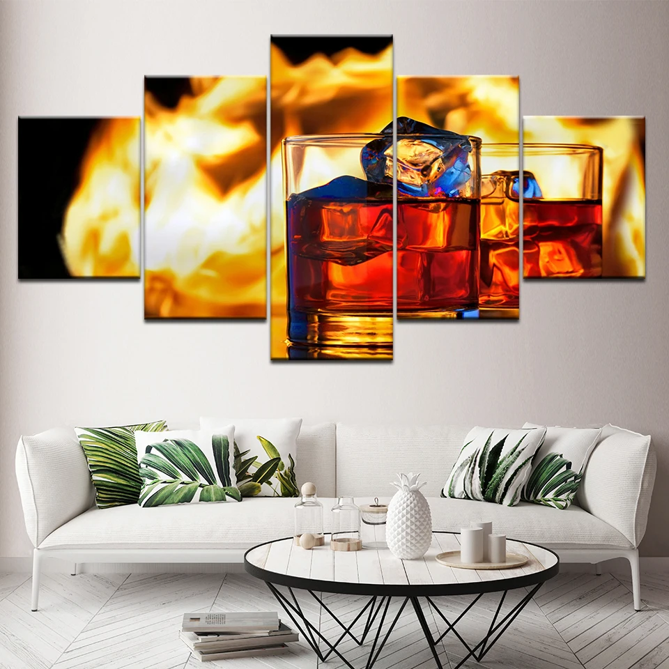 

Canvas Painting Two cup of Black Whiskey 5 Pieces Wall Art Painting Modular Wallpapers Poster Print for living room Home Decor
