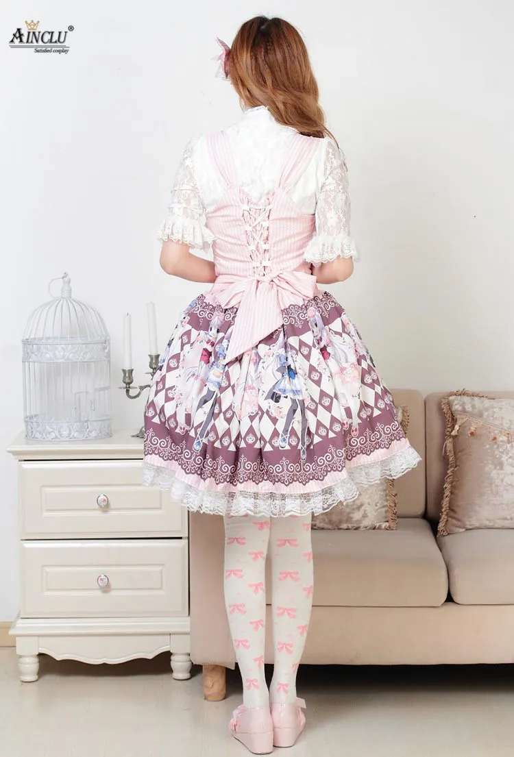 Ainclu Women's Pink Polyester Sweet Cute Rose Strap Princess Printing Lolita Dress