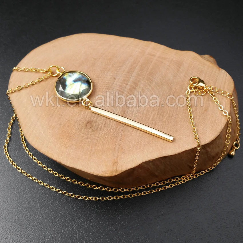 WT-N918 Wholesale Custom Elegant Labradorite With Long Charm Necklace Gold trim Edge Labradorite Necklace With Gold