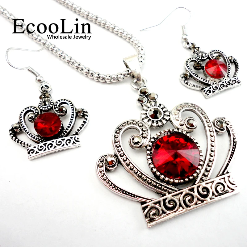 Fashion EcooLin Retro Silver Color Imperial Crown Jewelry Set Women Pendant Earring Necklace Chain Jewelry Bulks Lots LR212