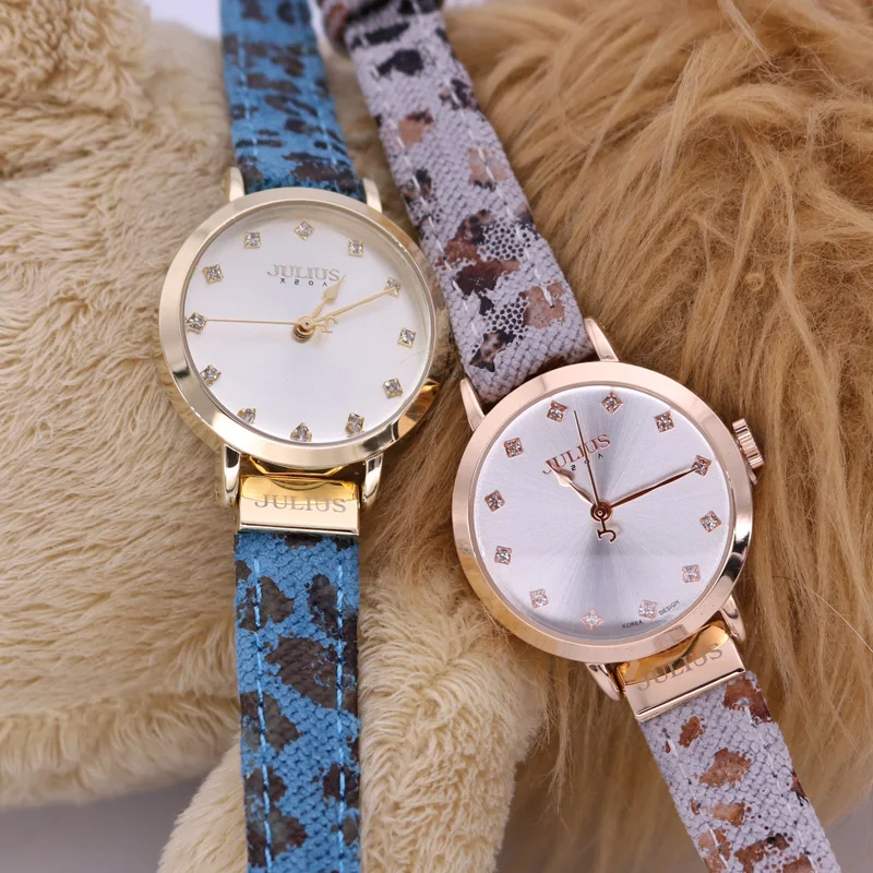 Julius Lady-Reloj de moda para mujer, pulsera de cuero con estampado de leopardo Retro, regalo salvaje de cumpleaños, caja Julius