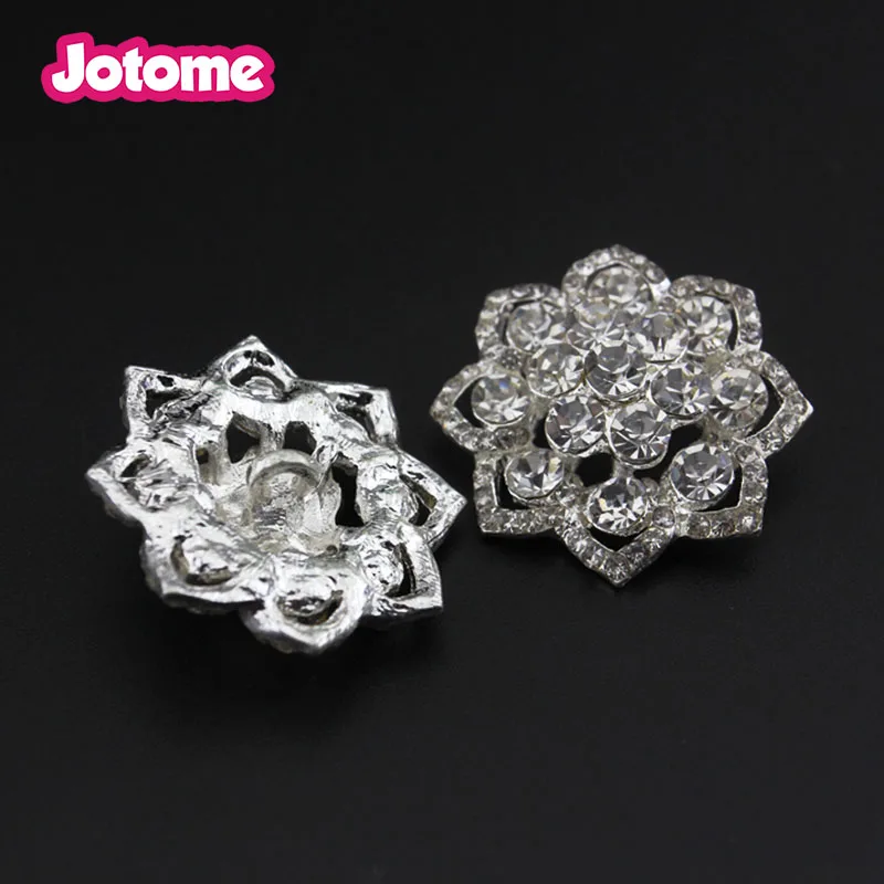 28mm Bulk for Hair Flower DIY Craft Decor Clear Glass Round Metal Flower Rhinestone Crystal Shank Hole Buttons