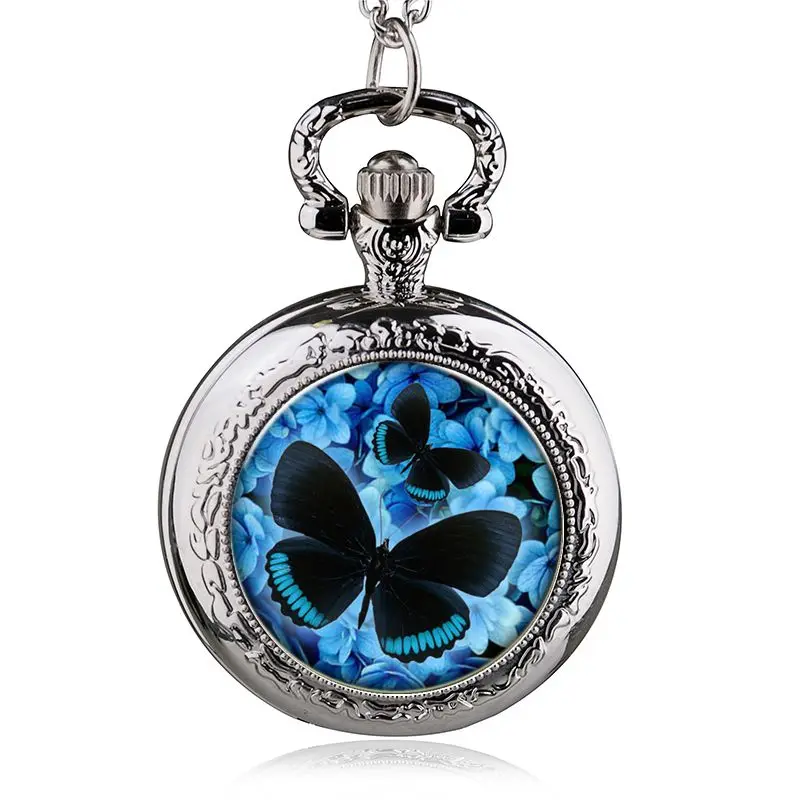 New Silver Tone Necklace Chain Butterfly Quartz Pocket Watch 85cm Jewelry Watches For Children