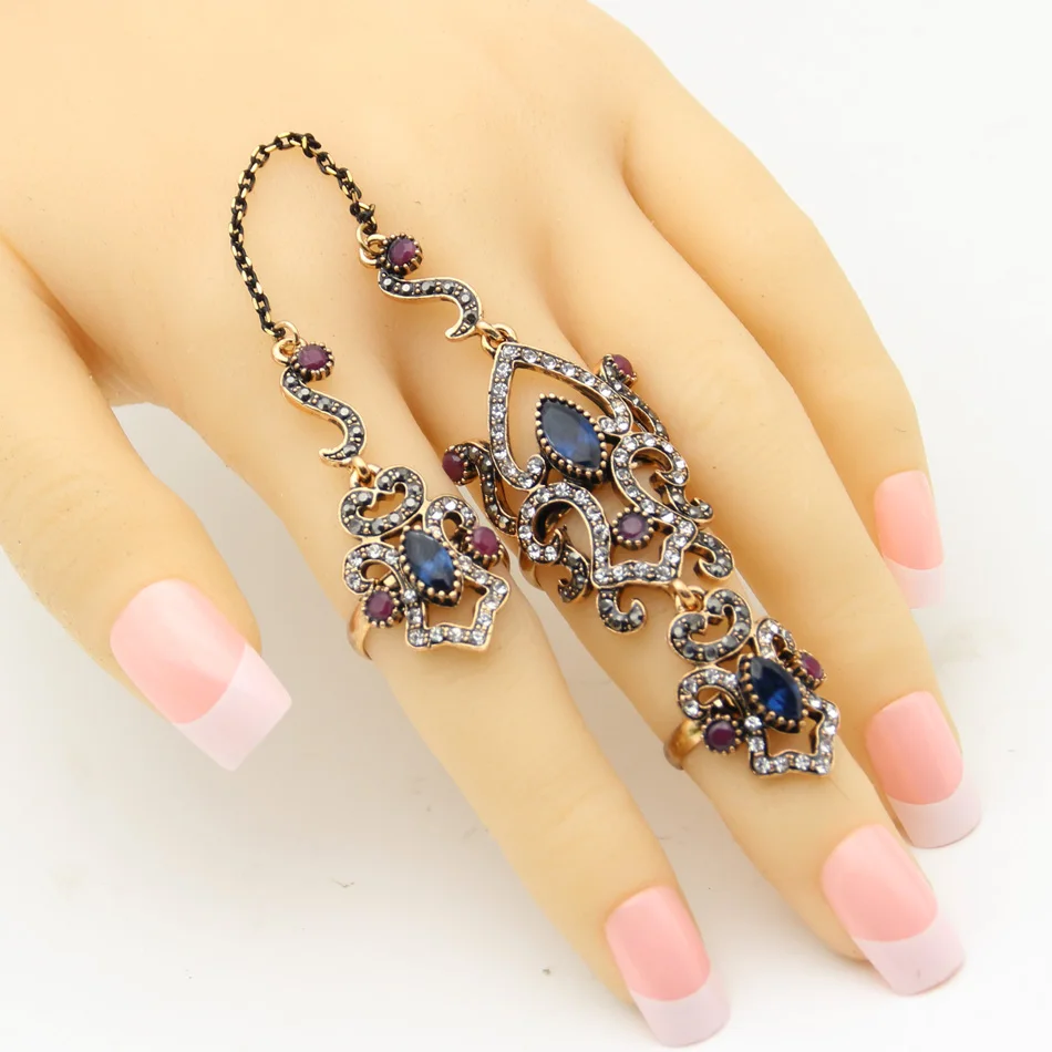 SUNSPICE MS Vintage Turkish Women Flower Double Link Ring Sets Arabesque Crystal Jewelry Antique Gold Color Wedding Anillos 2019