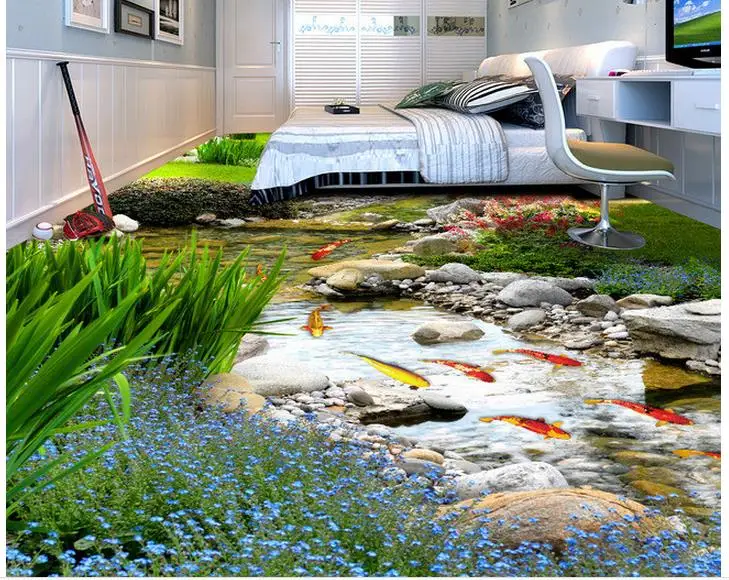 

3d wallpaper waterproof 3d flooring Rear garden river water 3D floor pvc floor wallpaper 3d floor painting wallpaper