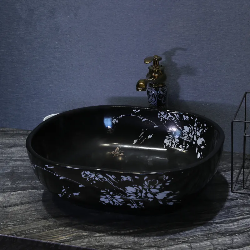 Oval Black Painting Jingdezhen factory directly art hand painted ceramic wash basin outdoor wash basin bathroom sinks