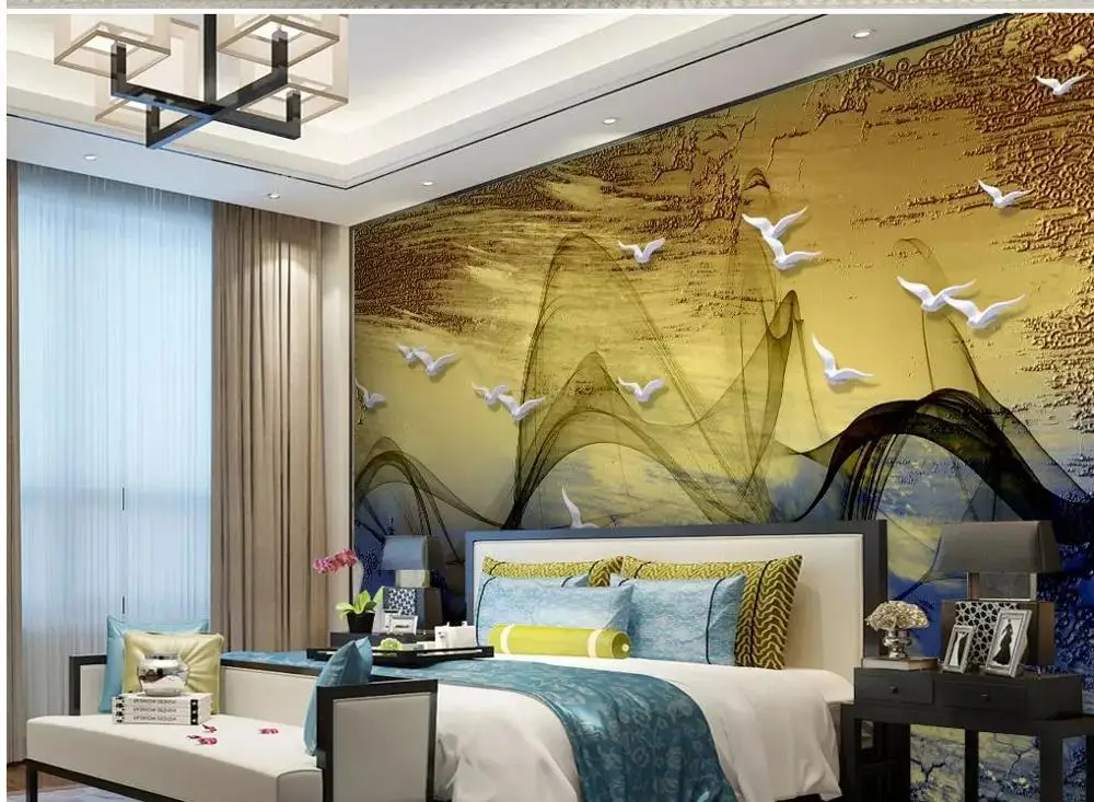 

Custom Wall Mural Modern Art Painting Mural Wallpaper Abstract line flying bird golden mural background wall