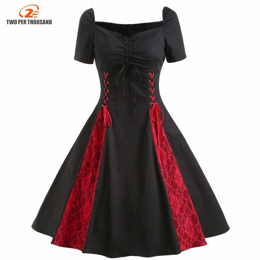 S-4XL 빅 사이즈 드레스 2022 여름 여성 빈티지 블랙 레드 레이스 드레스 Ruched 바스트 넥타이 프론트 고딕 튜닉 로커 빌리 드레스