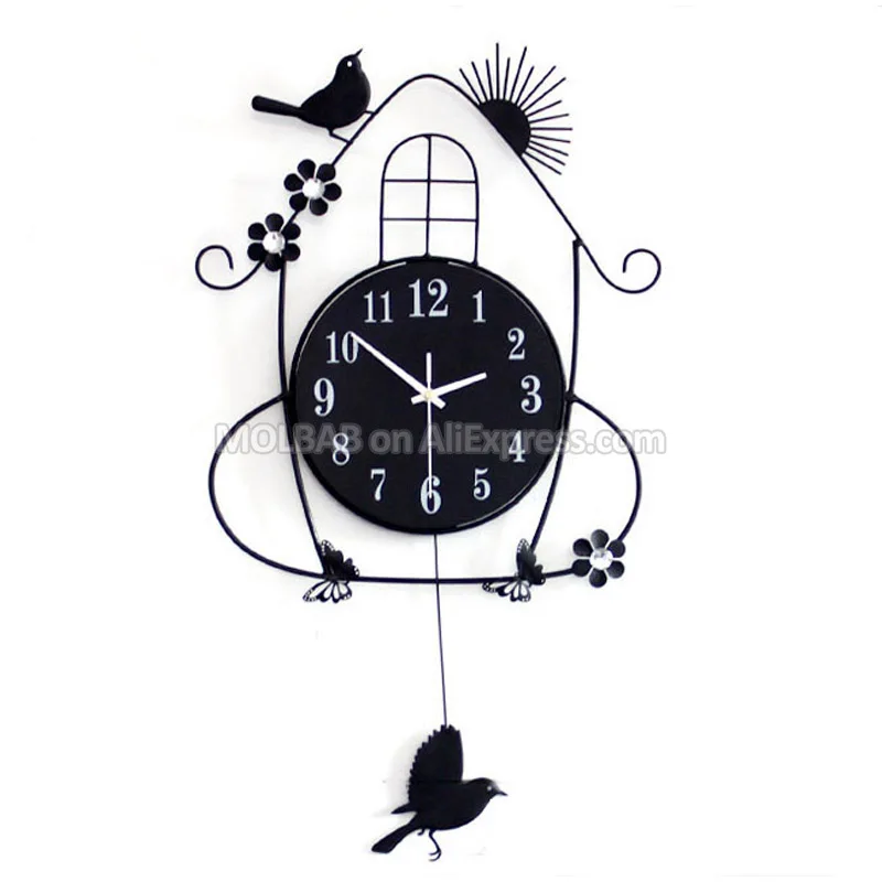 Iron Art Pendulum Wall Clock Wooden Dial Quartz Timepiece Crafts Pastoral Style Ornaments House Birds Horologe Home Decoration