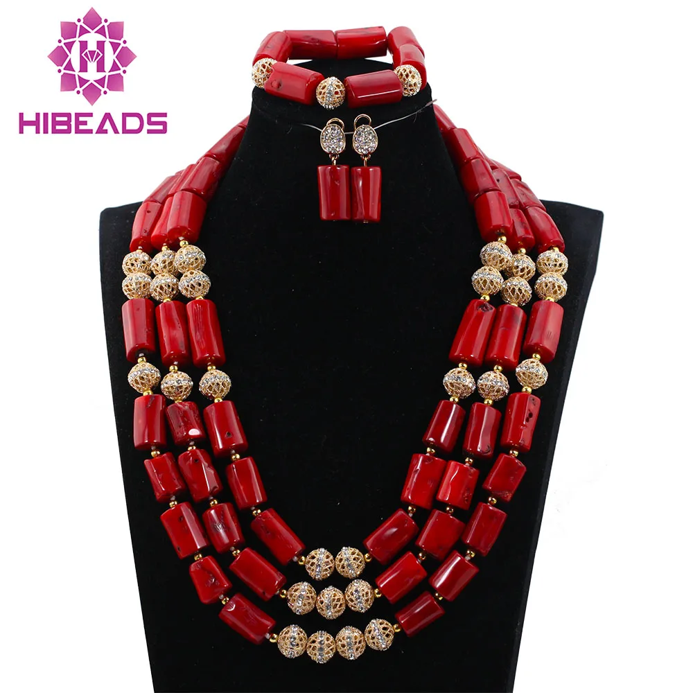 2017 African Wedding Bridal Newest Orange 3 Rows Coral Beads Jewelry sets Women Beads Necklace Jewelry Set Free Shipping ABH303