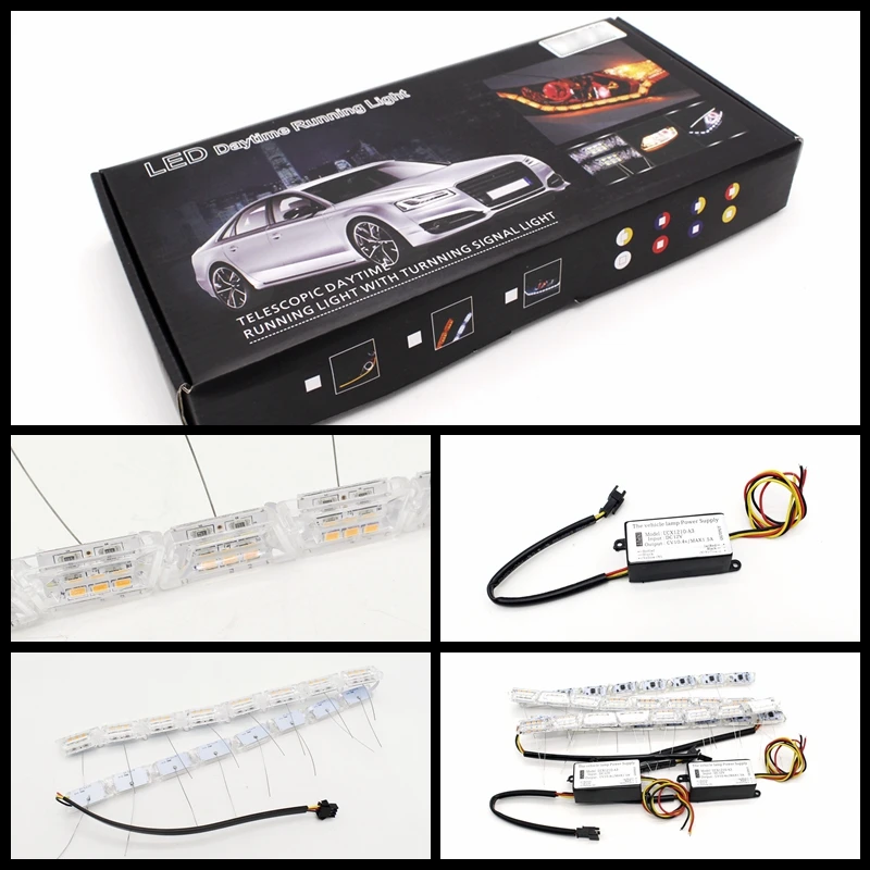 Tak Wai Lee 2X Car Flexible White/Amber LED DRL Daytime Running Strip Lamp Turn Signal Flowing Water Drops Steering Bar Headlamp