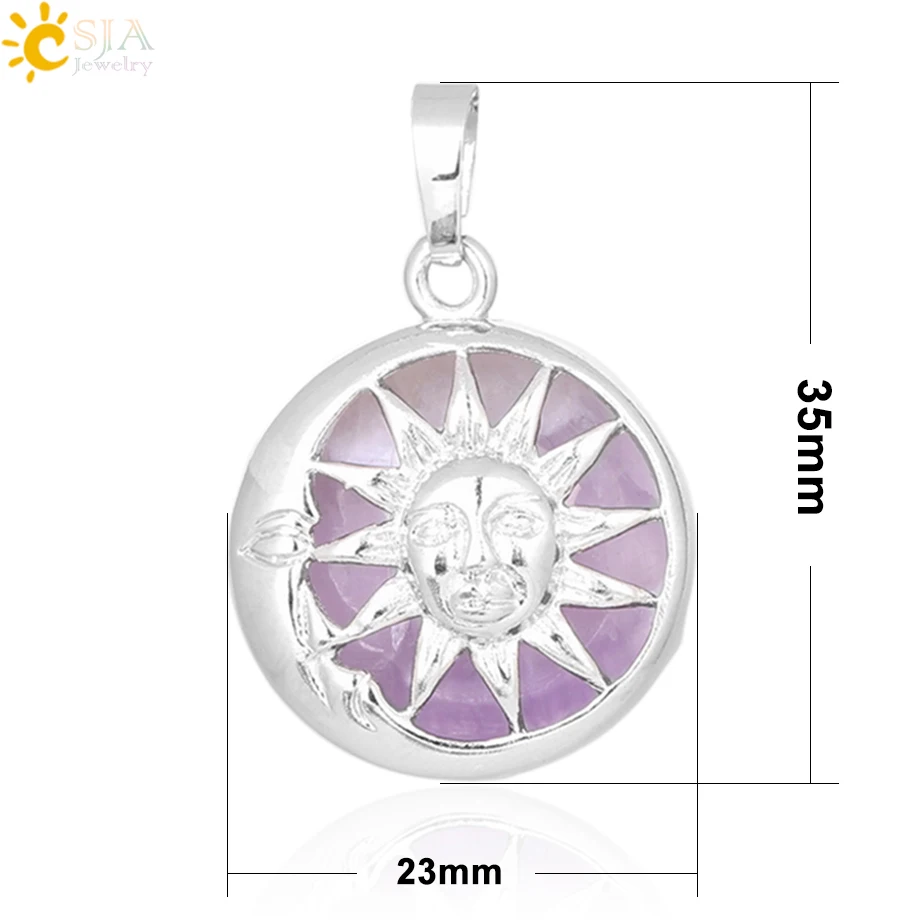 CSJA Moon Sun God Pendant for Necklace Amulets Silver Color Box Natural Stone Round Beads Crystal Quartz Women Men Jewelry F371