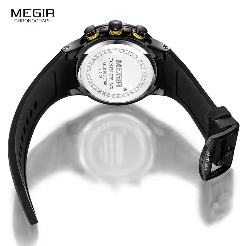 MEGIR Men\'s Army Sport Quartz Watches Silicone Band Chronograph Waterproof Luminous Wristwatch Man Relogios Masculino 2106 Black