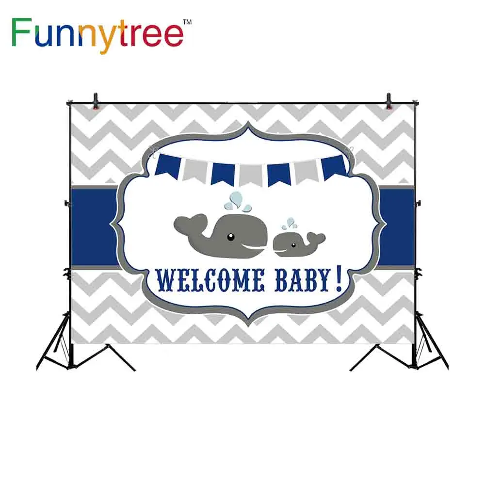 Funnytree background for photography grey and white chevon whale flag welcome baby guess cute personal customize camera backdrop