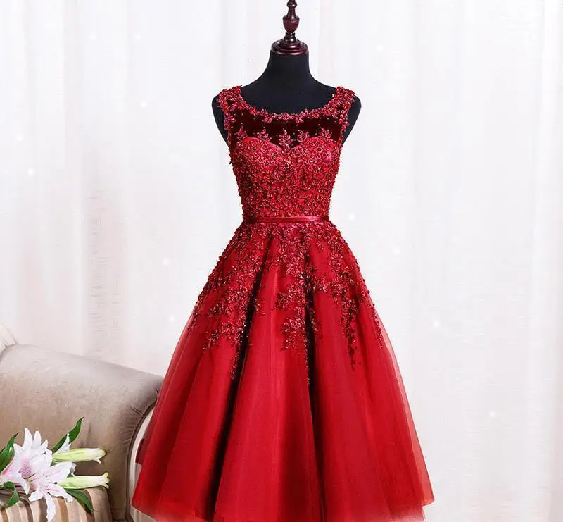 Vestido corto de encaje de tul rojo rosa Burdeos de lujo, apliques de baile de graduación con cuentas, Vestido de Gala