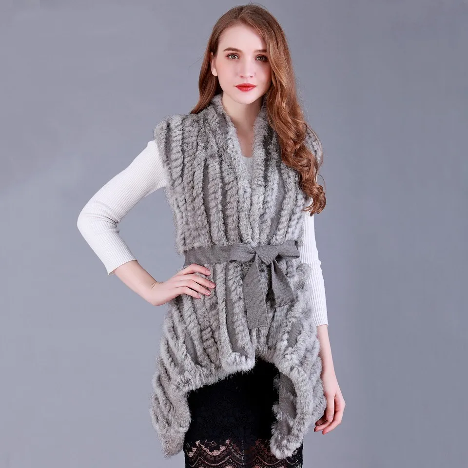 2020FXFURS fashion new Women Genuine Knitted Rabbit Fur Vests with belt sweater Waistcoat wholesale drop shipping