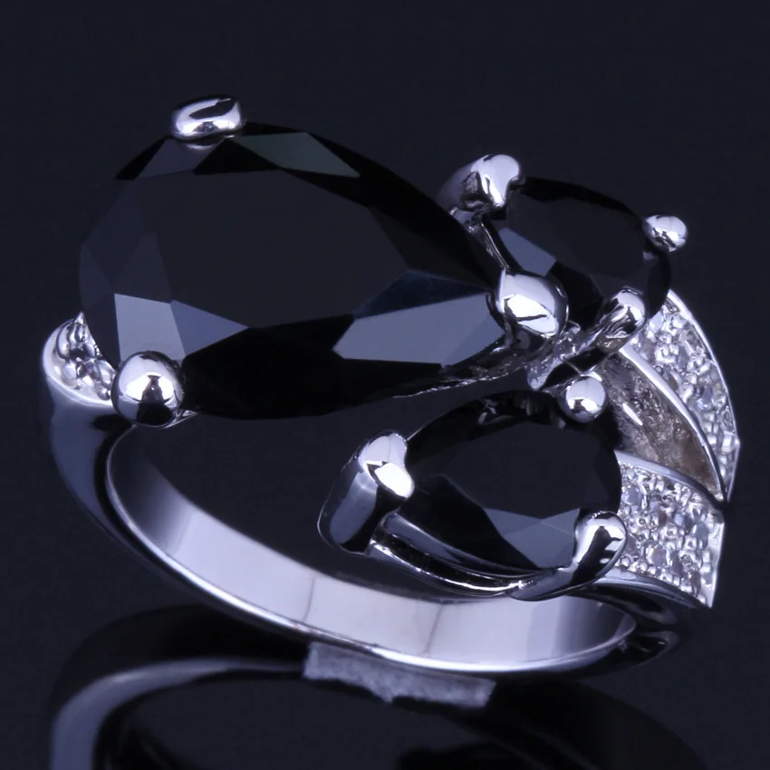 Super Big Pear Black Cubic Zirconia White CZ Silver Plated Ring V0149