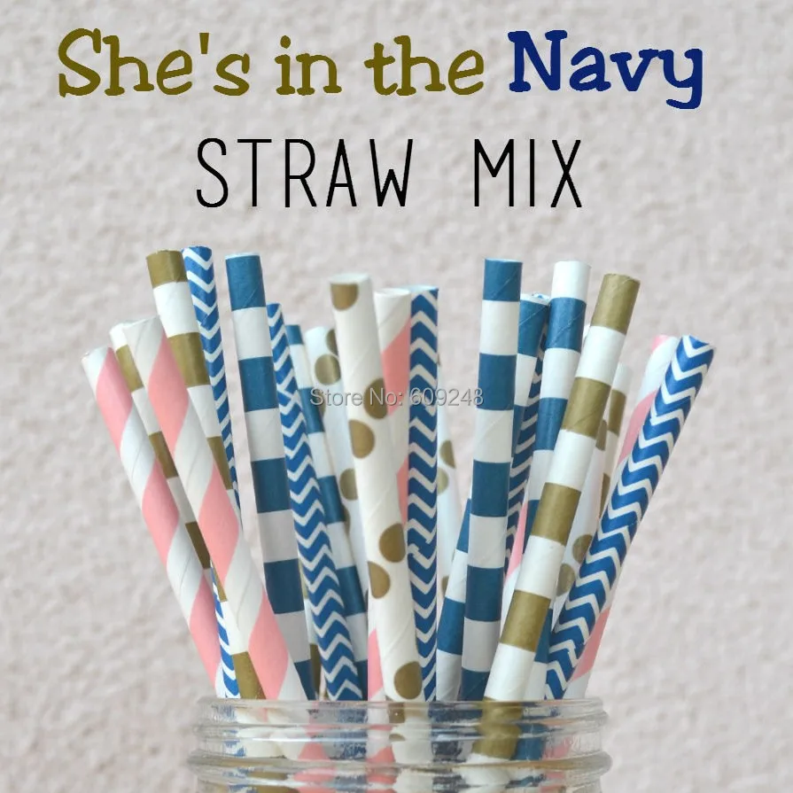 125 Pcs Mixed Colors She's In the Navy Baby Pink Navy and Gold Party Paper Straws,Vintage Retro Parties, Birthdays, Girl Decor