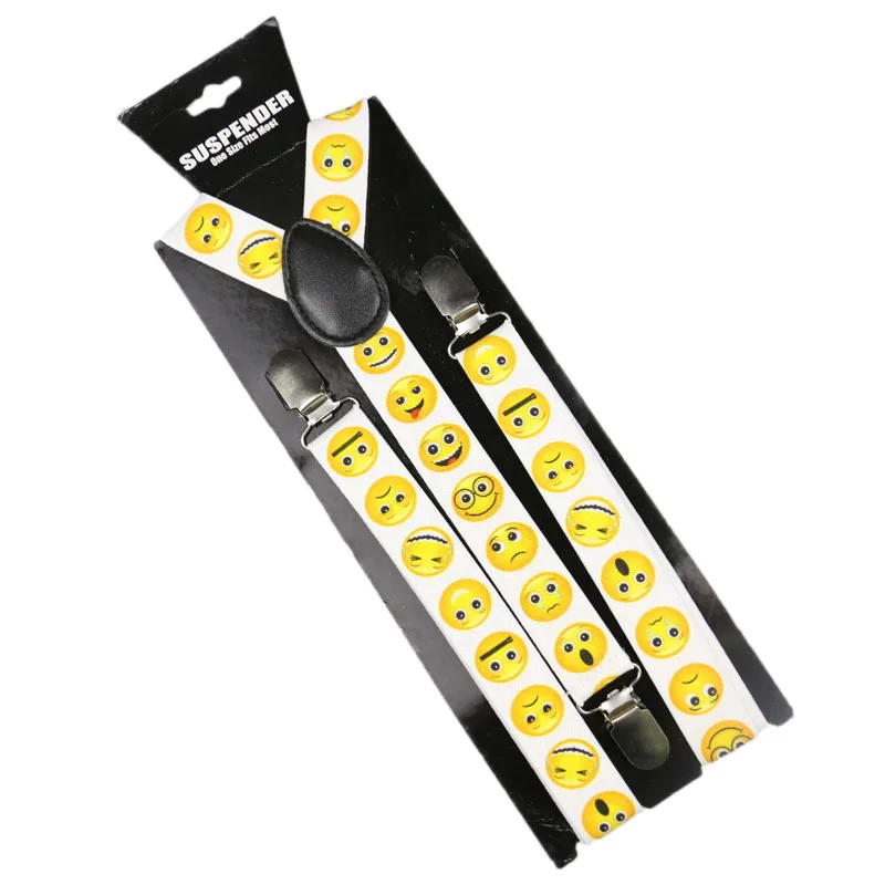 Winfox Fashion Yellow Smile Face Suspenders For Women Men Black White 2.5cm Wide Elastic Suspenders Braces suspensorio